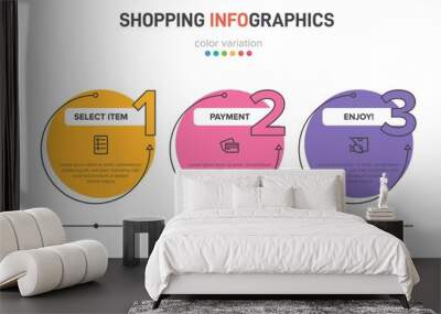 Concept of shopping process with 3 successive steps. Three colorful graphic elements. Timeline design for brochure, presentation, web site. Infographic design layout. Wall mural