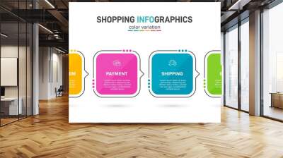 Concept of shopping process with 4 successive steps. Four colorful graphic elements. Timeline design for brochure, presentation, web site. Infographic design layout. Wall mural