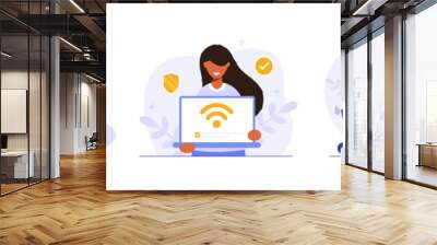 Concept set of mobile network, wireless Internet connection technology. Wifi illustration. People use device to connect Internet network Modern colorful flat vector illustration for poster, banner. Wall mural