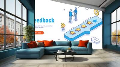 Feedback rating review vector isometric concept. People characters giving five star feedback. Clients choosing satisfaction rating and leaving positive review. Customer service and user experience. Wall mural