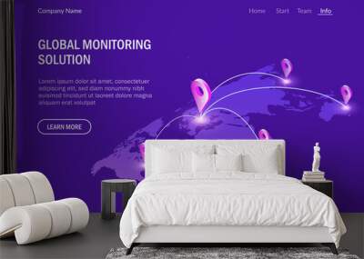 Global monitoring system. Global communications. Virtual world map. Modern vector illustration isometric style. Wall mural