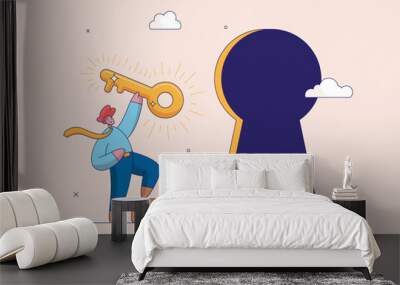 Goal achievement concept. Key to success, unlock secret door to growing business, opportunity for career path, confidence businessman holding golden key and running to unlock keyhole to reach target. Wall mural