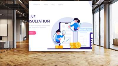 Insurance mobile consultation concept. People communicate via mobile phone, and discuss insurance contract. Modern flat illustration. Wall mural