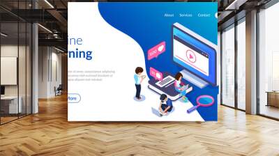 Isometric online learning concept. Video tutorials on the screen of a computer or phone. People on the background of the monitor and a large book. Can use for web banner, infographics, hero images Wall mural