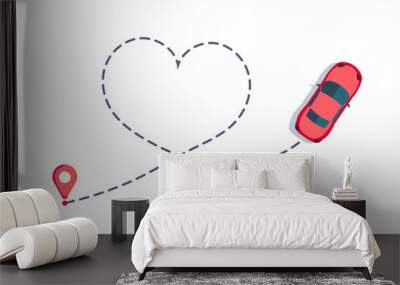 Love car route. Romantic travel, heart dashed line trace and routes. Hearted vehicle path, dotted love valentine day drawing isolated vector illustration. Wall mural