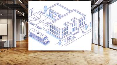 School, college or university building in isometric contour style with a basketball court in the schoolyard. School bus. Vector illustration for website, brochure or mobile app Wall mural