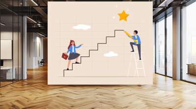 Teamwork ambition, progress and achieve goal, growing business or improvement, motivation to develop path or stair to success, smart businessman using pencil to draw stair climb up to success. Wall mural