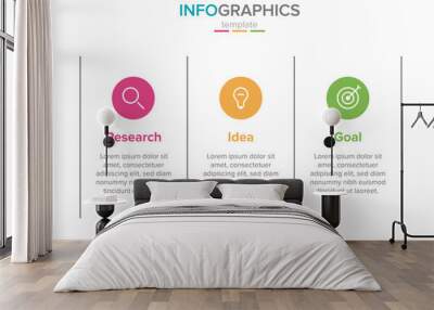 Vector infographic label template with icons. 3 options or steps. Research, idea and goal. Infographics for business concept. Can be used for info graphics, flow charts, presentations, web sites. Wall mural