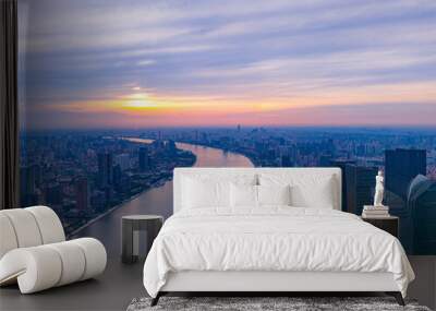 Aerial view of modern city skyline and buildings at sunrise in Shanghai Wall mural