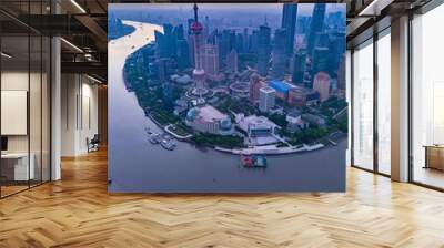 Aerial view of modern city skyline and buildings at sunrise in Shanghai Wall mural