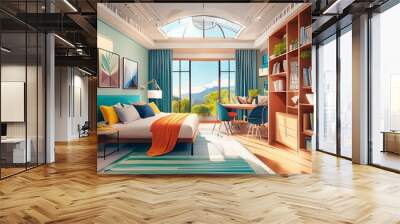 Interior design for a master kids room measuring 3.5 meters by 4.5 meters in Modern style. The kids room design should includes: (1) a bright color scheme, (2) a sense of spatial permeability (glass Wall mural