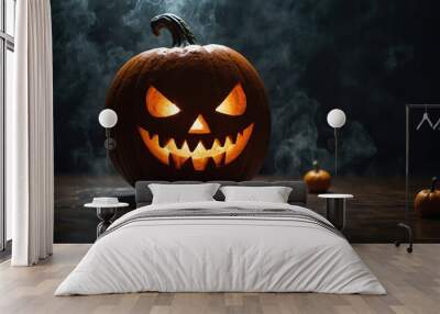  A halloween horror scary pumpkin with light glowing and smoke wallpaper background banner. Copyspace or blank space for edit Wall mural