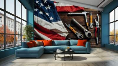 American flag with different construction tools with copy space for text on dark wooden background Wall mural