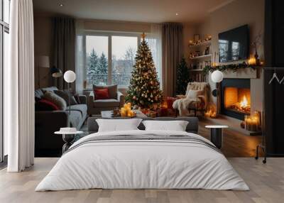 Cozy interior of a living room in a house or apartment decorated for christmas and the new year holidays Wall mural