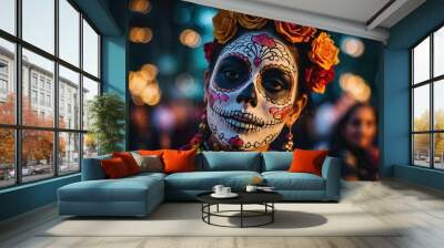 Day of the dead holiday carnival woman make up sugar skull face. Beautiful woman with halloween makeup Wall mural