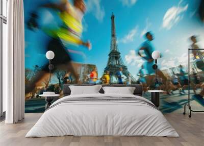 Runners Race Past Eiffel Tower in Paris Marathon Wall mural