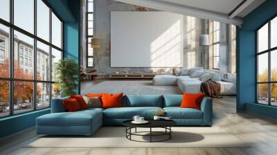 Spacious Industrial Loft Living Room With Large Canvas and Sectional Sofa Wall mural