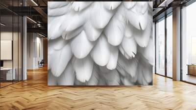 Dense background of white feathers. Close up texture of white swan feather or angel wing. Flat lay bird plumage. Copy space. High resolution. Generative AI, human enhanced Wall mural