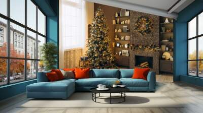 Elegant Christmas tree with blue and gold ornaments, presents beneath. Fireplace decorated with a wreath and garland, creating a warm and festive holiday ambiance Wall mural