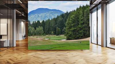 New Zealand Golf Course View with Mountain and Forest Background and Two Levels of Fairway Wall mural