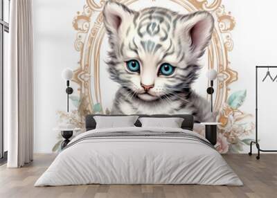 A pretty picture showcases a cute baby white tiger encased in an ornate frame, merging wild beauty with the delicate grace of floral details. (AR 1:1) Wall mural