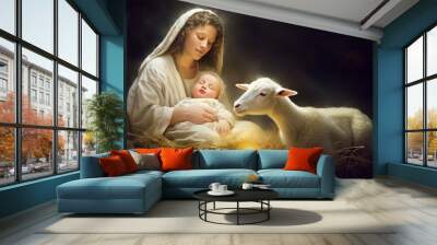 The Virgin Mary cradles baby Jesus. A gentle lamb nearby symbolizes the Son of God's grace and innocence. A divine, radiant light surrounds them, representing God's spiritual presence. (AR 3:2) Wall mural