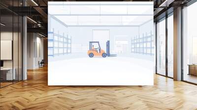 A forklift is driving through a large warehouse with shelves of boxes. Wall mural