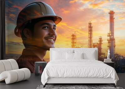 A happy engineer in a hard hat stands in front of a large refinery at sunset. Wall mural