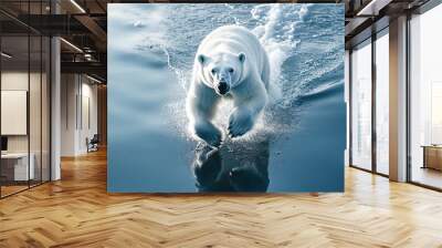 A polar bear swims through the icy water, its powerful legs propelling it forward. The water splashes around it as it moves with speed and determination, its white fur contrasting with the blue water. Wall mural