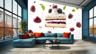 A slice of white cake with whipped cream and blackberries, surrounded by blackberries and mint leaves, floating in mid-air against a white background. Wall mural