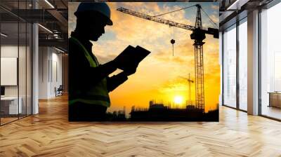 Silhouette of a construction worker reviewing blueprints at sunset with a crane in the background. Wall mural