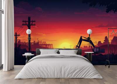 Silhouette of an excavator at sunset with a city skyline in the background. Wall mural