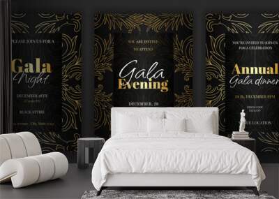 Luxury black annual gala dinner, night, evening invitation template set with golden details and text. Baroque style retro ornate pattern background. EPS 10 vector illustration. Wall mural