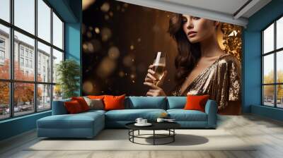 a girl in a shiny golden elegant dress with a glass of champagne in her hands for the holiday .Generative AI Wall mural