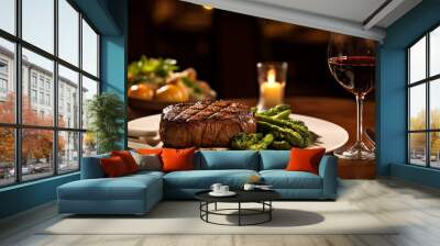 delicious beef meat steak in a restaurant with a glass of wine for dinner..Generative AI Wall mural