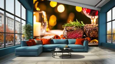 delicious beef meat steak in a restaurant with a glass of wine for dinner Wall mural