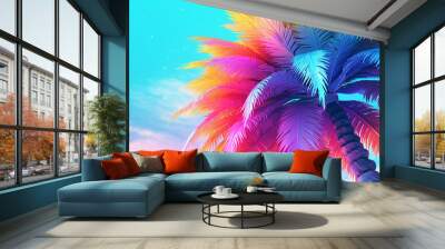 multi-colored branches of a palm tree on a blue background sky. Generative AI Wall mural