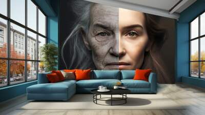 one face of human woman youth and old age .two parts of the face of life aging human comparison two halves.Generative AI Wall mural