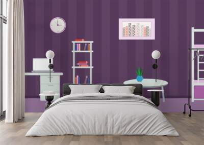 room interior with large window with bookshelves and sofa with purple wallpaper Wall mural