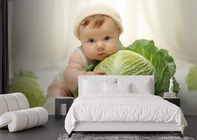 small newborn baby found by parents in cabbage.Generative AI Wall mural