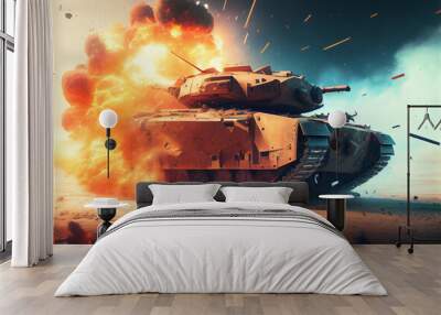 a illustration of a battlefield in war with tanks Wall mural