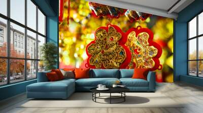 lucky knot lunar new year decoration in Vietnam with gold and red colours. Asian new year. Chinese lunar new year background. Wall mural