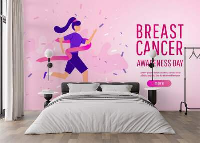 Breast cancer awareness illustration concept with running sport or charity run Wall mural