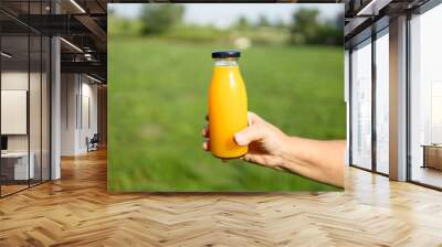 Detox diet vegetable juice concept. Attractive woman holding glass of bottle with fresh pressed orange juice at summer park Wall mural