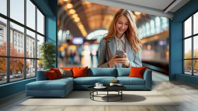 Enjoying travel. Young happy Caucasian business woman wearing a style grey suit holding mobile phone standing in city subway using smartphone for texting, checking apps for public transport, metro or Wall mural