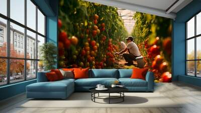 Farm woman professional picking check vegetable farmland. Ripe tomato plant growing in greenhouse. Fresh bunch of red natural tomatoes on a branch in organic vegetable garden. Agro cultivation concept Wall mural