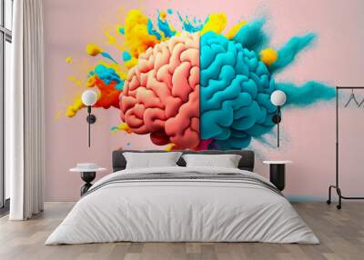 Mental overload, busyness, stress at work, brain drain. Human brain exploding in colorful paint, generative ai Wall mural