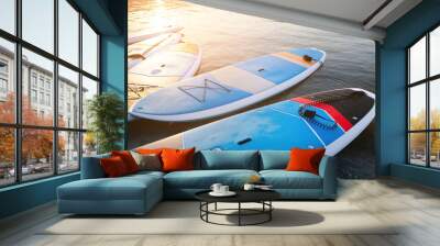 SUP Stand up paddle board on the background blue water. Wall mural