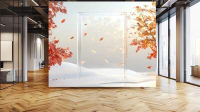 3D autumn and winter promotional atmosphere empty background, 3D autumn and winter promotional atmosphere empty background, fallen leaves, harvest fruit, autumn/Winter color gift box, red envelope,3d, Wall mural