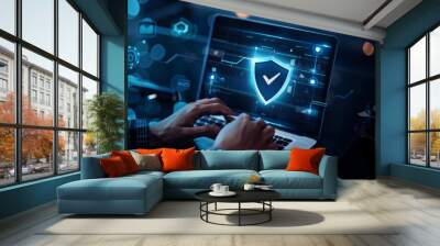 Businessman with virtual cyber security technology and online data protection for security of data storage used by  global business network server to secure cyber information. Wall mural